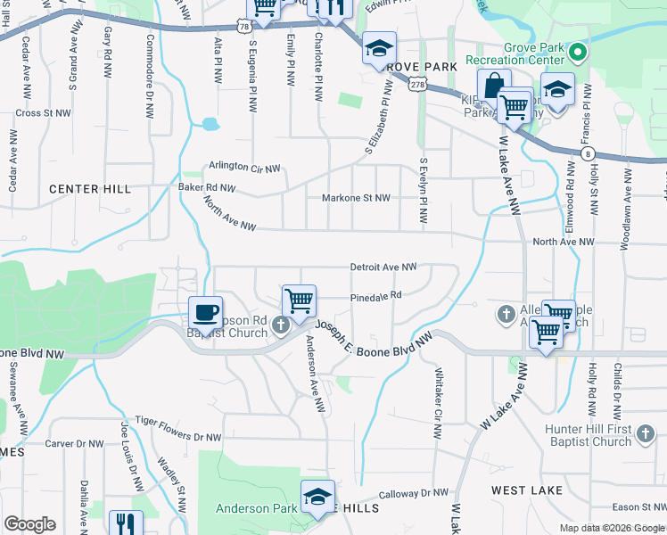 map of restaurants, bars, coffee shops, grocery stores, and more near Detroit Avenue Northwest in Atlanta
