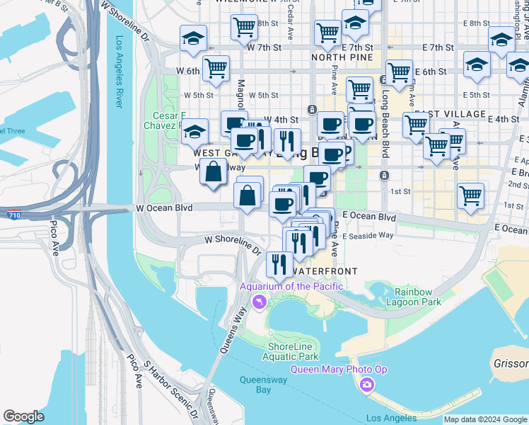 map of restaurants, bars, coffee shops, grocery stores, and more near 400 West Ocean Boulevard in Long Beach
