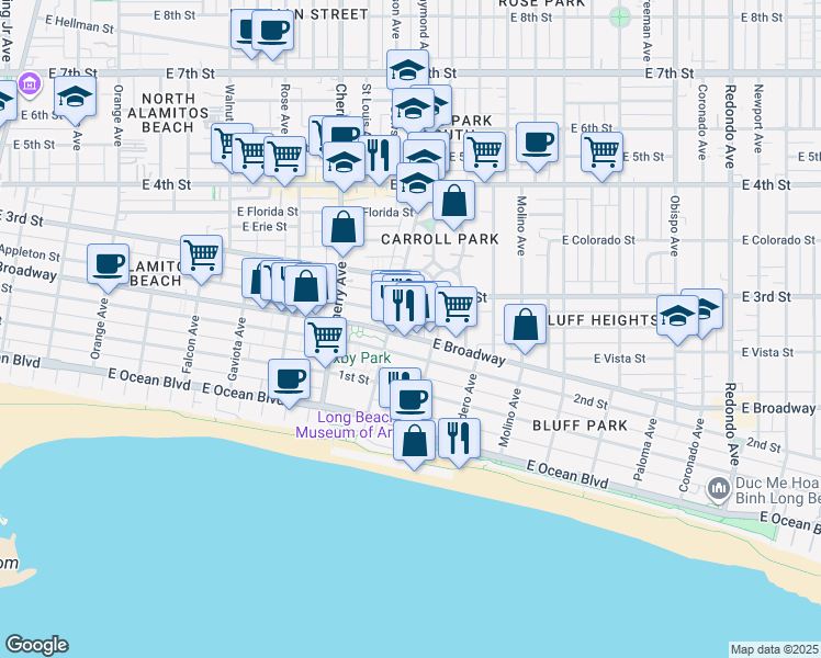 map of restaurants, bars, coffee shops, grocery stores, and more near 2203 East Broadway in Long Beach