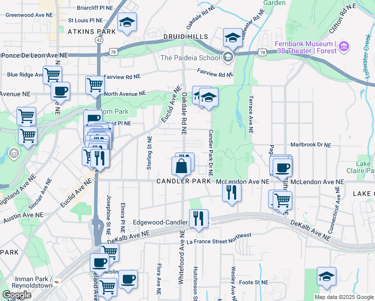 map of restaurants, bars, coffee shops, grocery stores, and more near 469 Oakdale Road Northeast in Atlanta