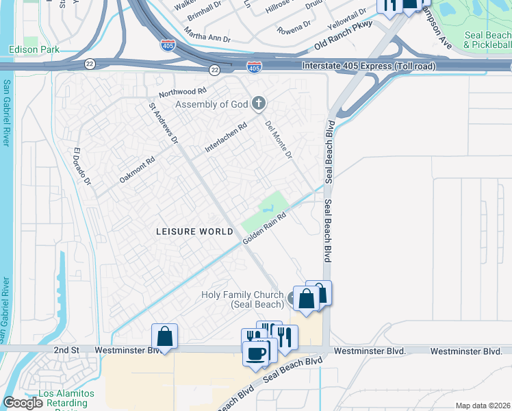 map of restaurants, bars, coffee shops, grocery stores, and more near 2 13th Street in Seal Beach