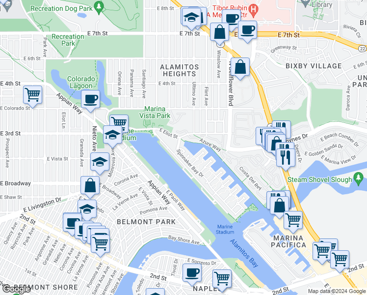 map of restaurants, bars, coffee shops, grocery stores, and more near 5517 China Point in Long Beach