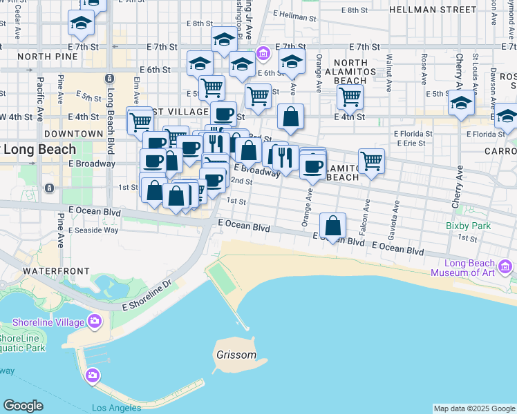 map of restaurants, bars, coffee shops, grocery stores, and more near 1030 East 1st Street in Long Beach