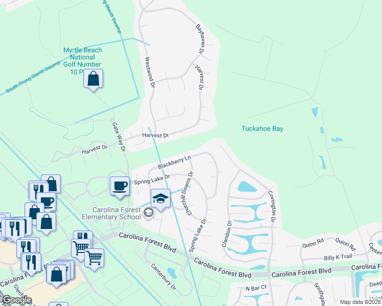 map of restaurants, bars, coffee shops, grocery stores, and more near 692 Churchill Downs Drive in Myrtle Beach