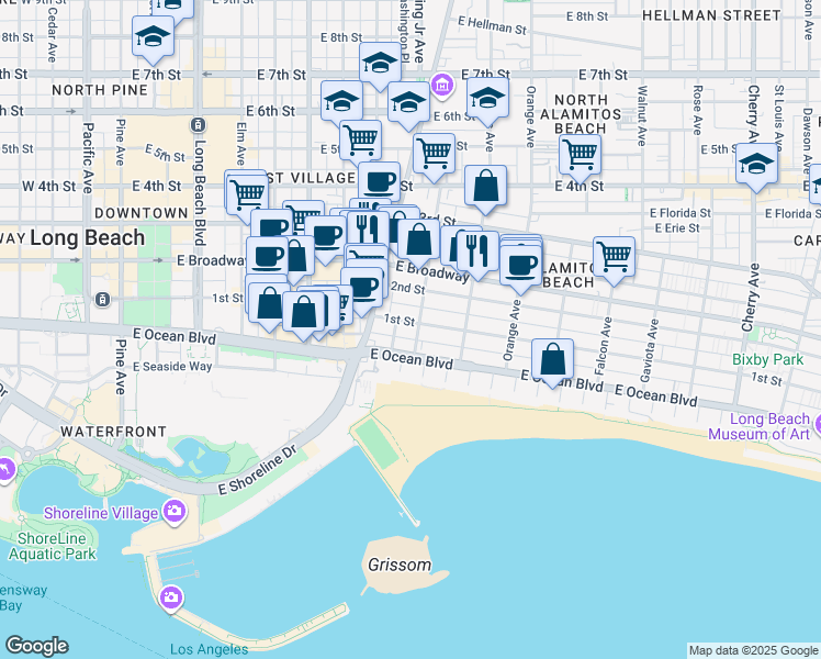 map of restaurants, bars, coffee shops, grocery stores, and more near 930 East 1st Street in Long Beach