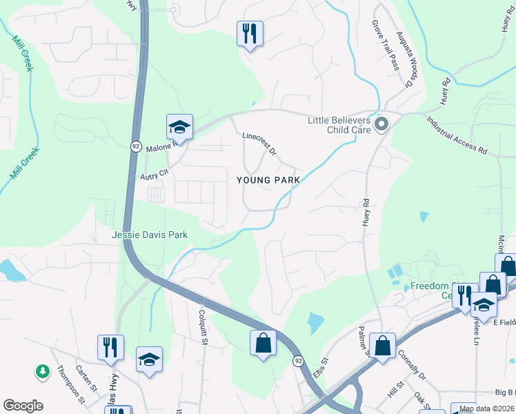 map of restaurants, bars, coffee shops, grocery stores, and more near 7780 Willow Cove Court in Douglasville