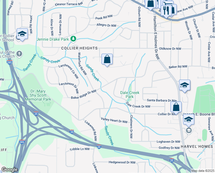 map of restaurants, bars, coffee shops, grocery stores, and more near 2848 Baker Ridge Drive Northwest in Atlanta