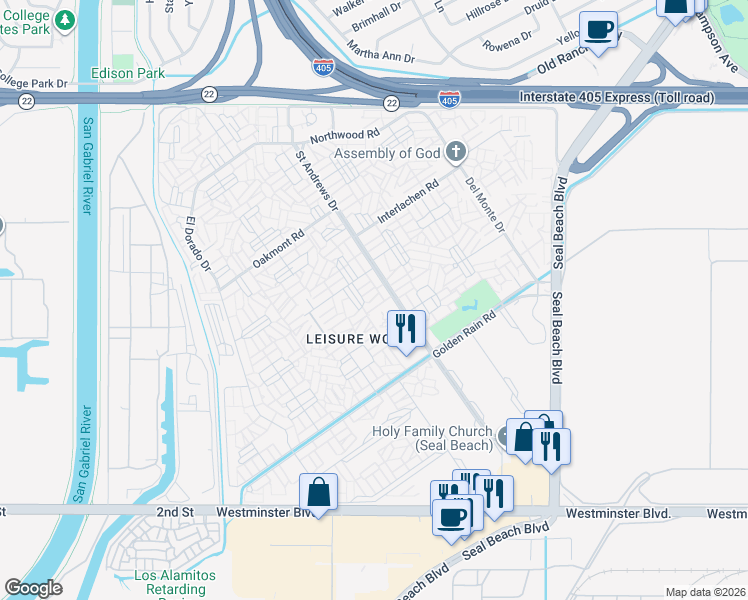 map of restaurants, bars, coffee shops, grocery stores, and more near 13500 Wentworth Lane in Seal Beach