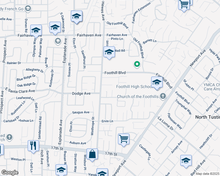 map of restaurants, bars, coffee shops, grocery stores, and more near 18812 Oak Ridge Drive in Santa Ana