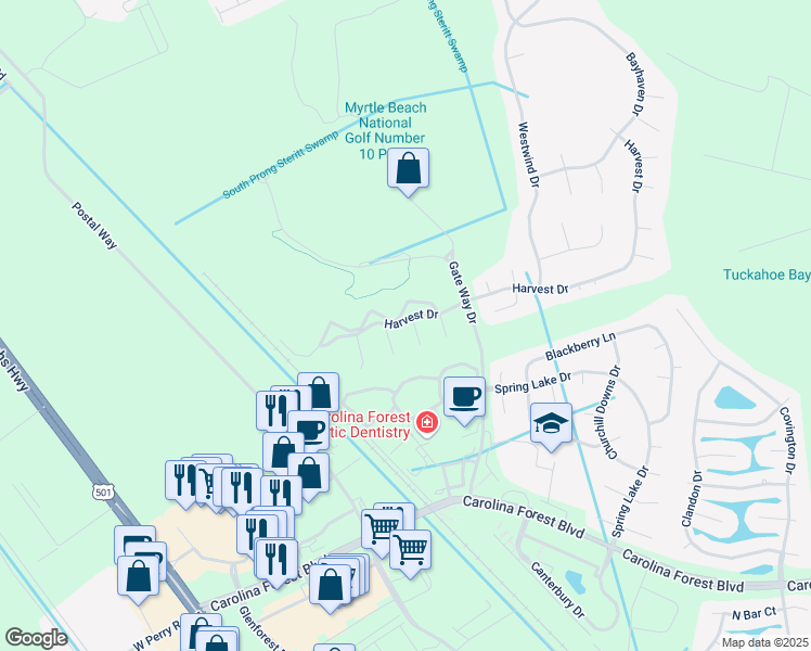 map of restaurants, bars, coffee shops, grocery stores, and more near 4919 Twin Pond Court in Myrtle Beach