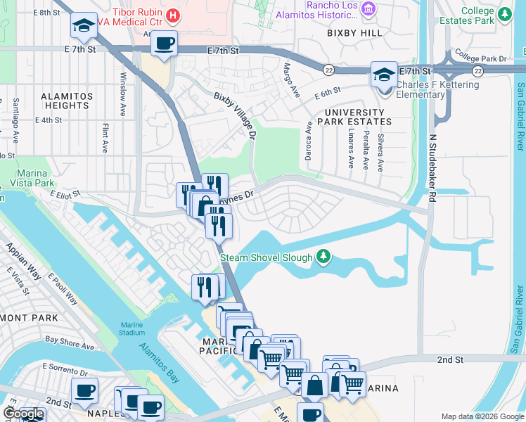 map of restaurants, bars, coffee shops, grocery stores, and more near 6224 East Marina View Drive in Long Beach