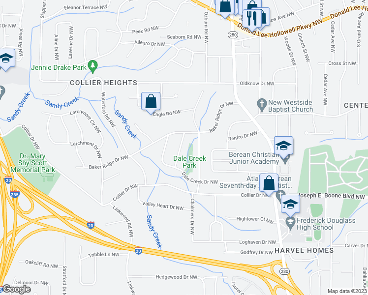 map of restaurants, bars, coffee shops, grocery stores, and more near 435 Forrest Ridge Drive Northwest in Atlanta