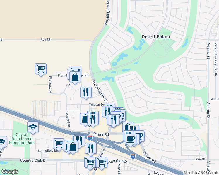 map of restaurants, bars, coffee shops, grocery stores, and more near 39619 Manorgate Road in Palm Desert