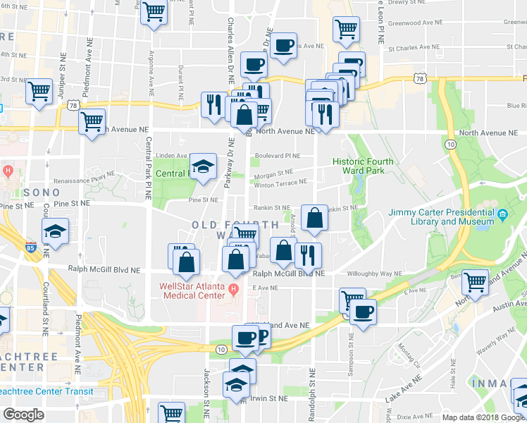 map of restaurants, bars, coffee shops, grocery stores, and more near 497 Rankin Street Northeast in Atlanta