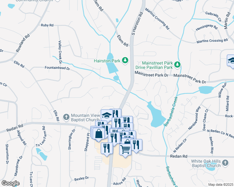 map of restaurants, bars, coffee shops, grocery stores, and more near 4835 Brasac Drive in Stone Mountain