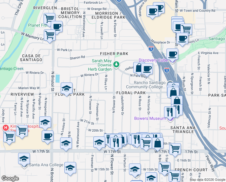 map of restaurants, bars, coffee shops, grocery stores, and more near 2300 North Flower Street in Santa Ana