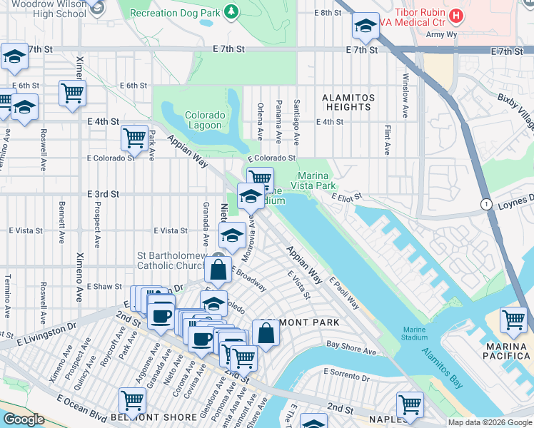 map of restaurants, bars, coffee shops, grocery stores, and more near 360 Monrovia Avenue in Long Beach