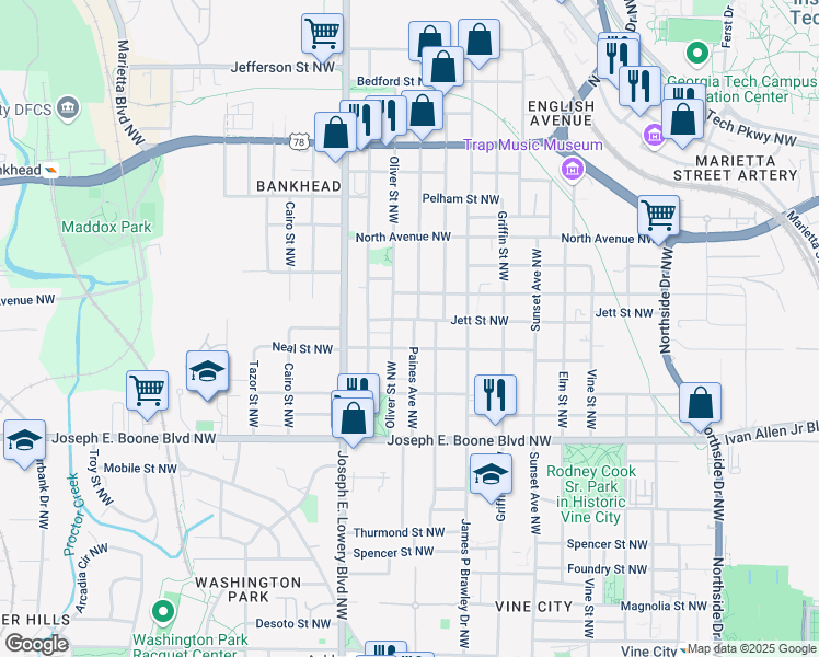 map of restaurants, bars, coffee shops, grocery stores, and more near 859 Neal Street Northwest in Atlanta