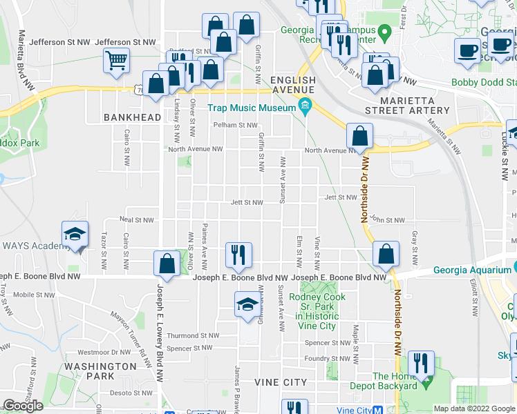 map of restaurants, bars, coffee shops, grocery stores, and more near 456 Griffin Street Northwest in Atlanta