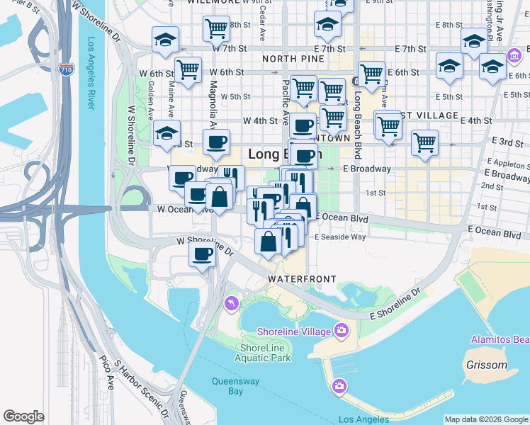 map of restaurants, bars, coffee shops, grocery stores, and more near 2 Cedar Avenue in Long Beach