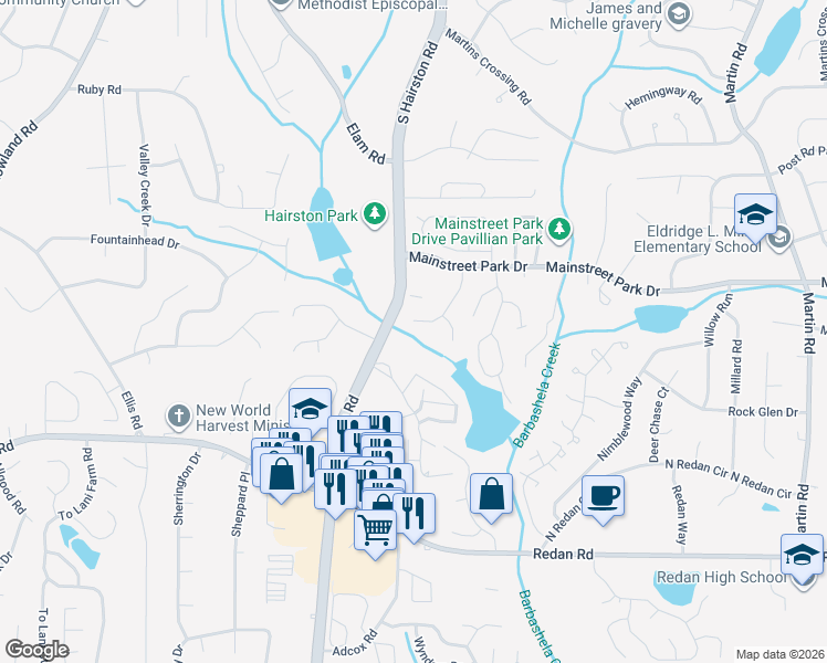 map of restaurants, bars, coffee shops, grocery stores, and more near 967 Lake Watch Drive in Stone Mountain