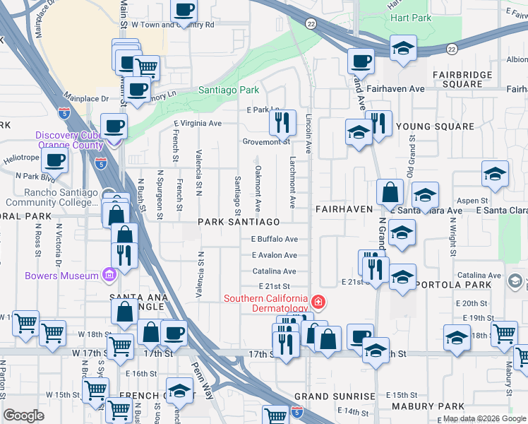 map of restaurants, bars, coffee shops, grocery stores, and more near 2315 Oakmont Avenue in Santa Ana