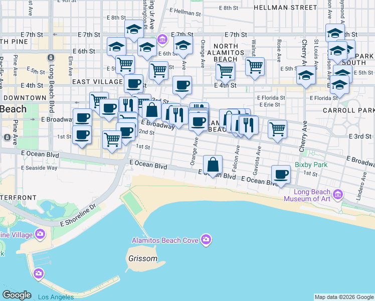 map of restaurants, bars, coffee shops, grocery stores, and more near 33 Orange Avenue in Long Beach