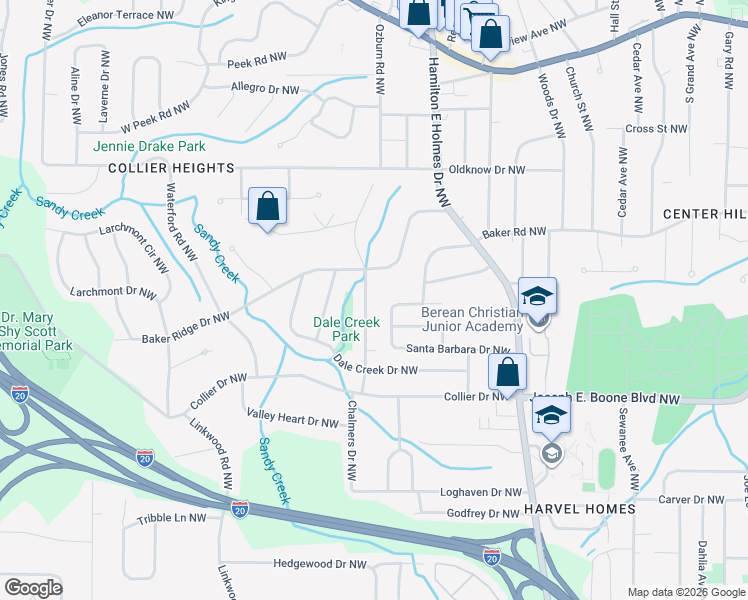 map of restaurants, bars, coffee shops, grocery stores, and more near 412 Collier Ridge Drive Northwest in Atlanta
