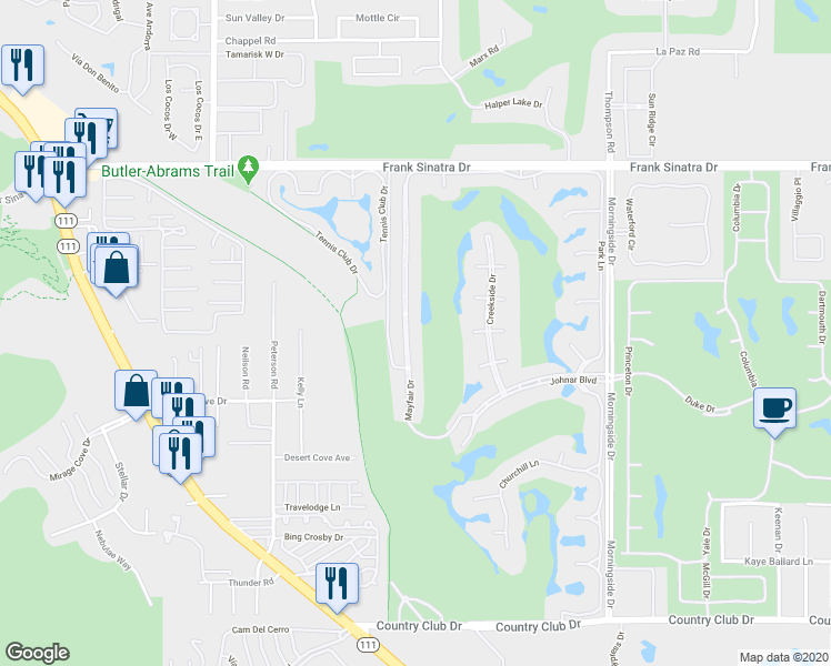 map of restaurants, bars, coffee shops, grocery stores, and more near 73 Mayfair Drive in Rancho Mirage