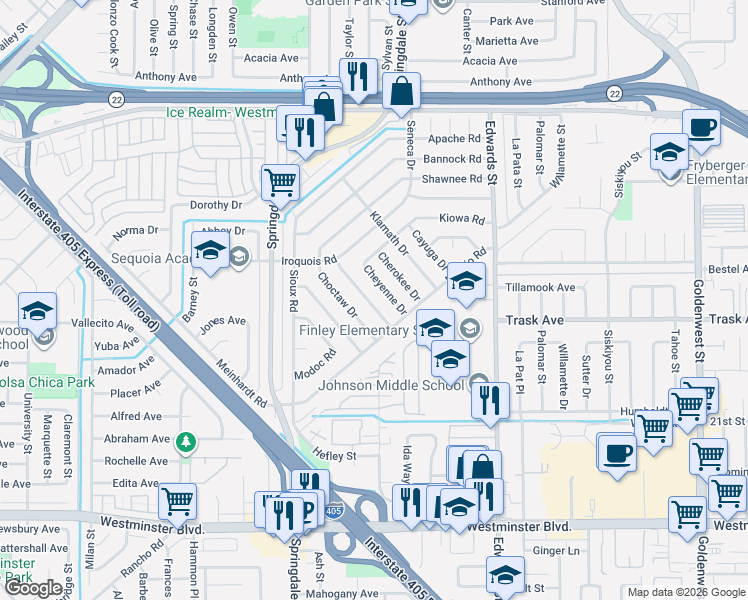 map of restaurants, bars, coffee shops, grocery stores, and more near 6181 Choctaw Drive in Westminster
