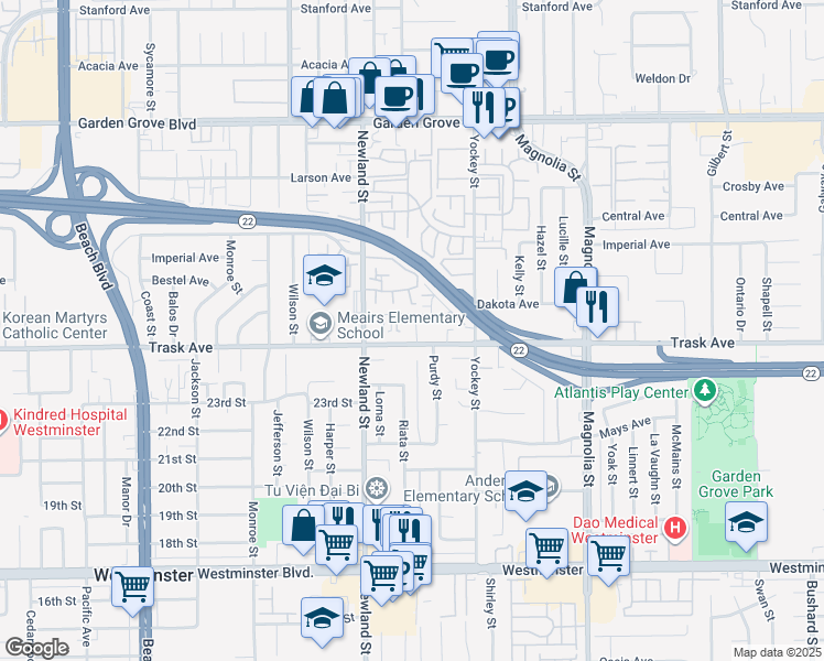 map of restaurants, bars, coffee shops, grocery stores, and more near 8601 Trask Avenue in Garden Grove