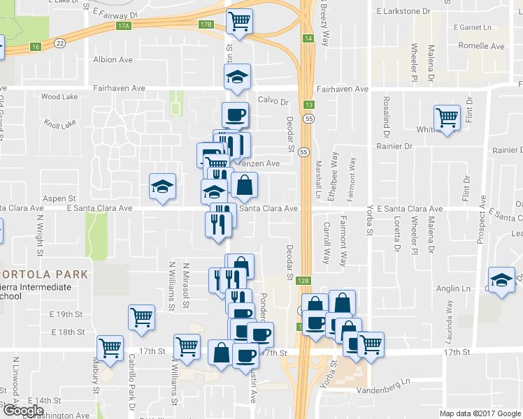 map of restaurants, bars, coffee shops, grocery stores, and more near 2221 North Ponderosa Street in Santa Ana