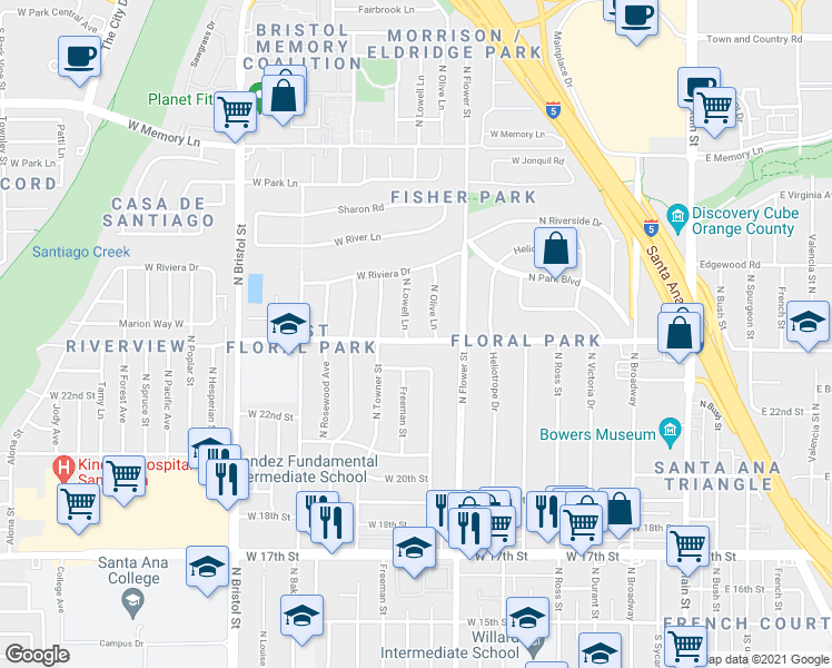 map of restaurants, bars, coffee shops, grocery stores, and more near 928 West Santa Clara Avenue in Santa Ana