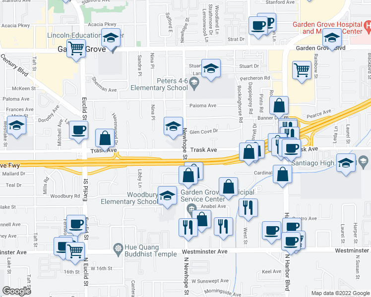 map of restaurants, bars, coffee shops, grocery stores, and more near in Garden Grove