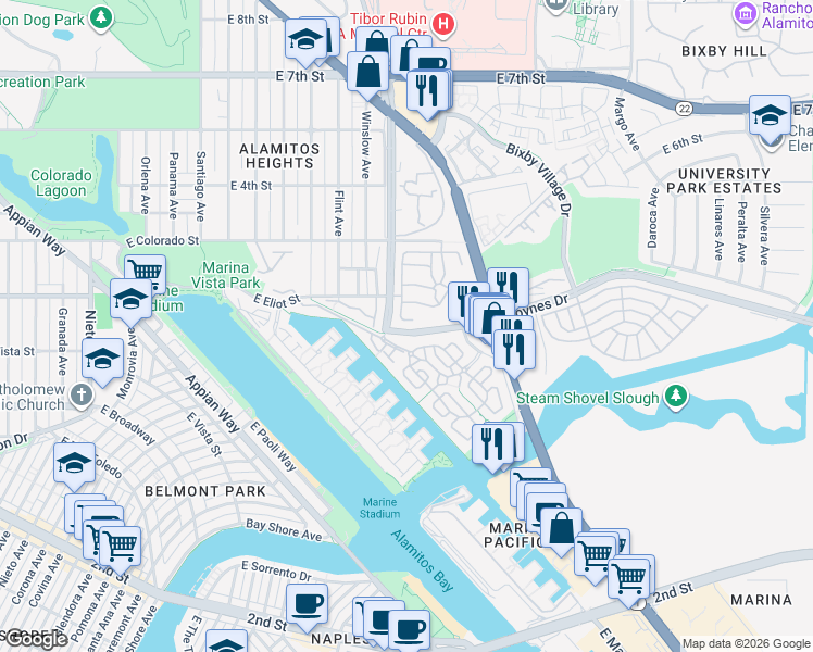 map of restaurants, bars, coffee shops, grocery stores, and more near 5995 Azure Way in Long Beach