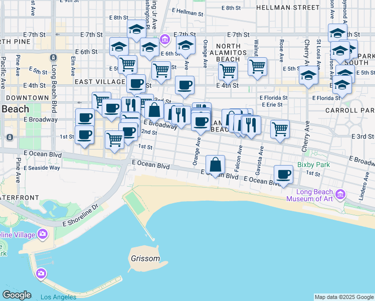 map of restaurants, bars, coffee shops, grocery stores, and more near 1145 East 1st Street in Long Beach