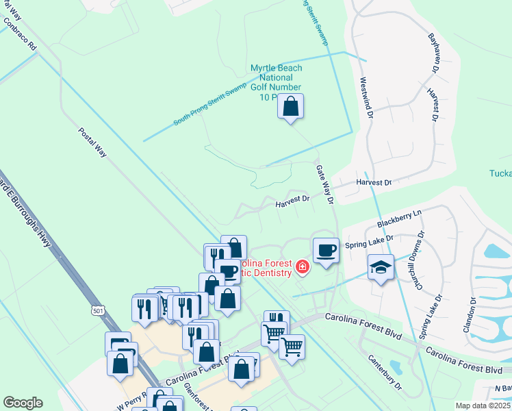 map of restaurants, bars, coffee shops, grocery stores, and more near 5001 Harvest Drive in Myrtle Beach