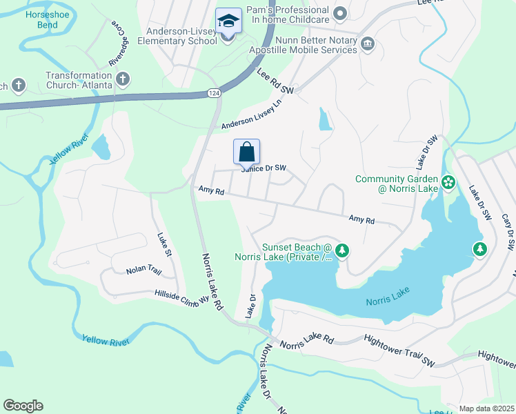 map of restaurants, bars, coffee shops, grocery stores, and more near 4425 Amy Road in Snellville