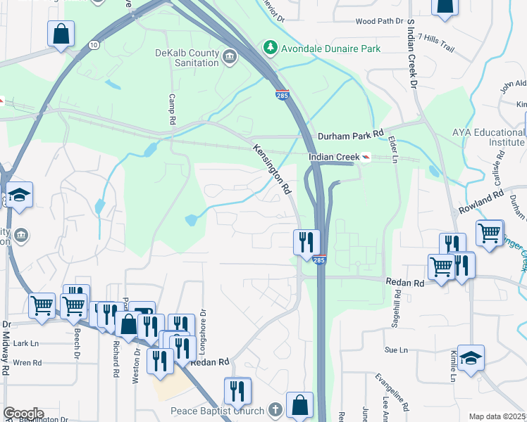 map of restaurants, bars, coffee shops, grocery stores, and more near 3814 Kensingwood Trce in Decatur