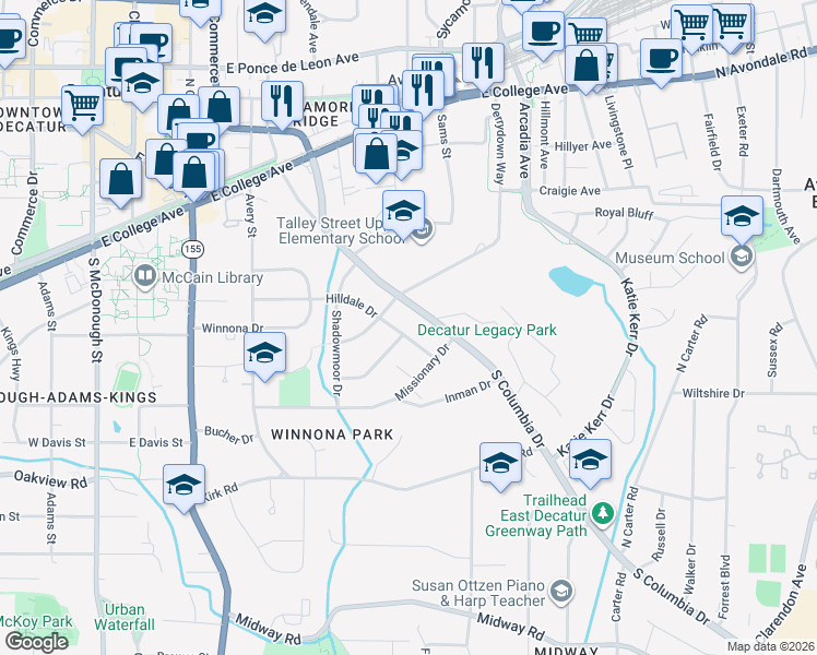 map of restaurants, bars, coffee shops, grocery stores, and more near 428 Hilldale Drive in Decatur