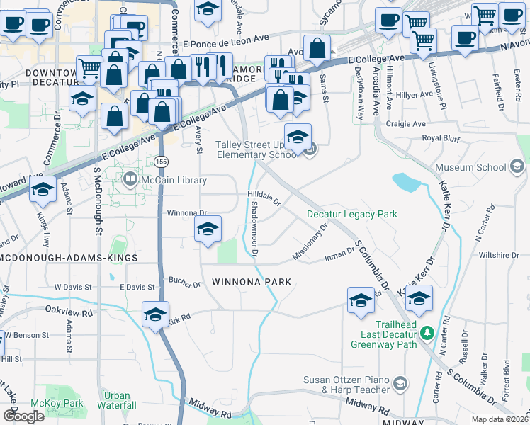 map of restaurants, bars, coffee shops, grocery stores, and more near 218 Derrydown Way in Decatur