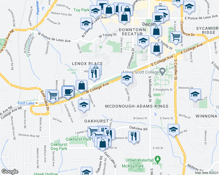 map of restaurants, bars, coffee shops, grocery stores, and more near 128 Jefferson Place in Decatur