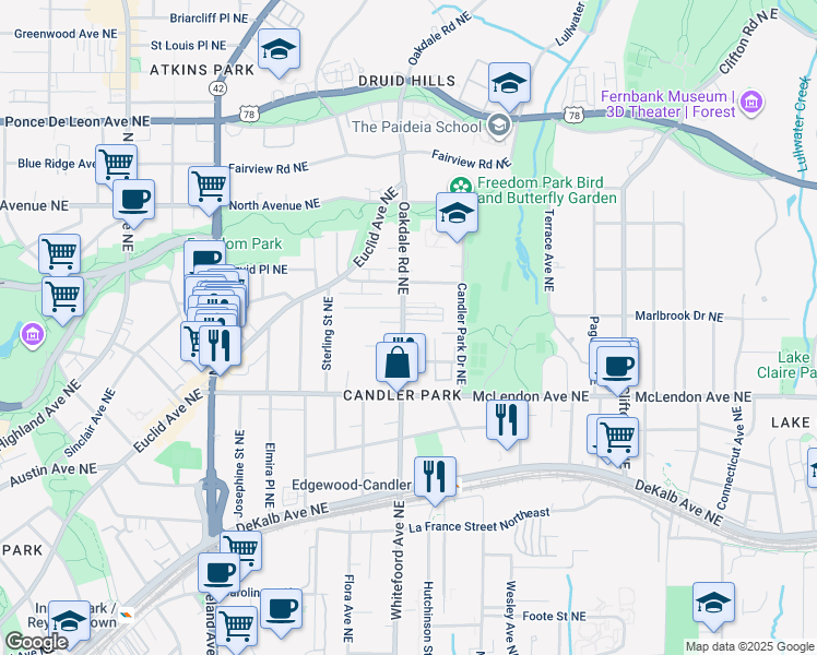 map of restaurants, bars, coffee shops, grocery stores, and more near 442 Oakdale Road Northeast in Atlanta