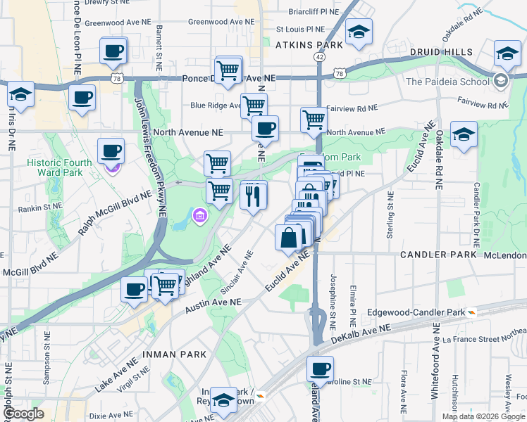 map of restaurants, bars, coffee shops, grocery stores, and more near 442 Sinclair Avenue Northeast in Atlanta