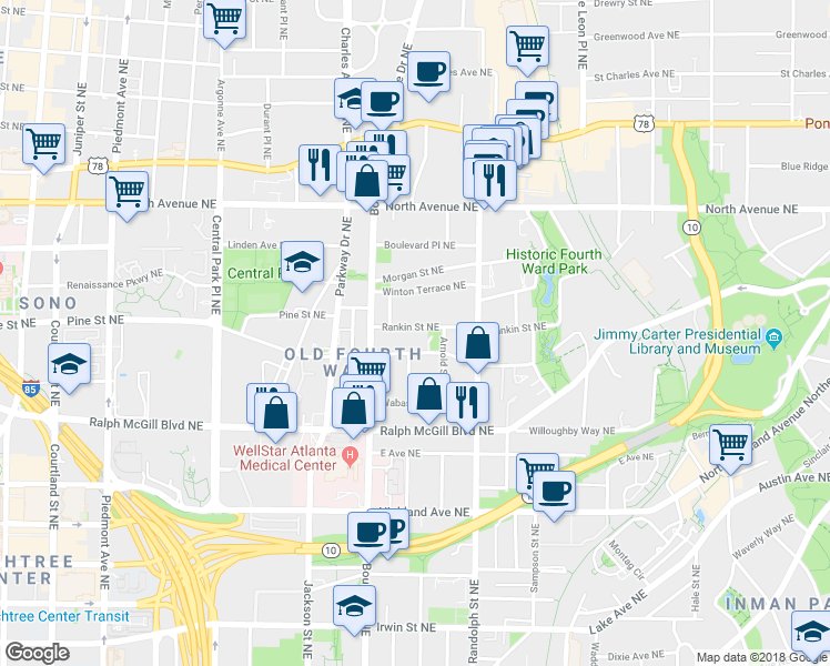 map of restaurants, bars, coffee shops, grocery stores, and more near 512 Angier Avenue Northeast in Atlanta