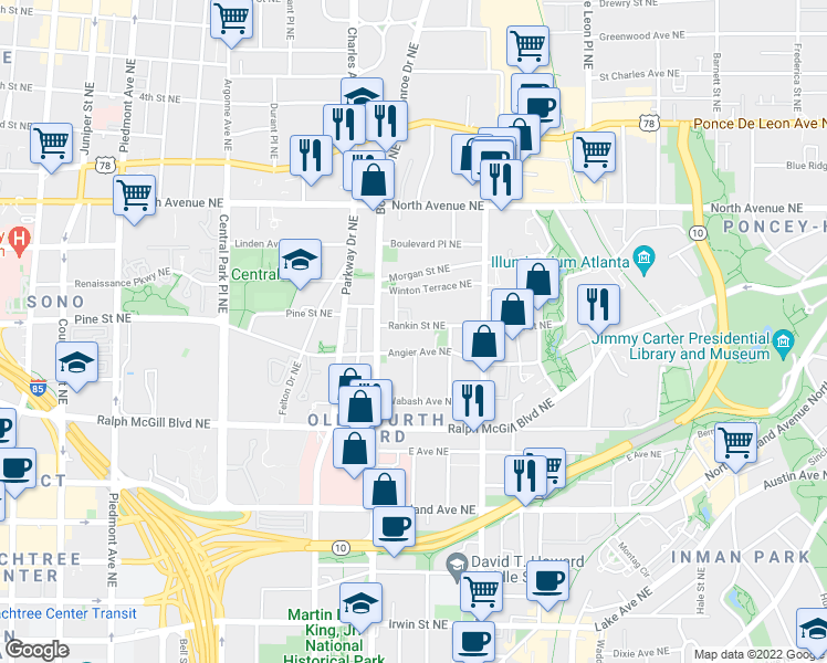 map of restaurants, bars, coffee shops, grocery stores, and more near 509 Rankin Street Northeast in Atlanta