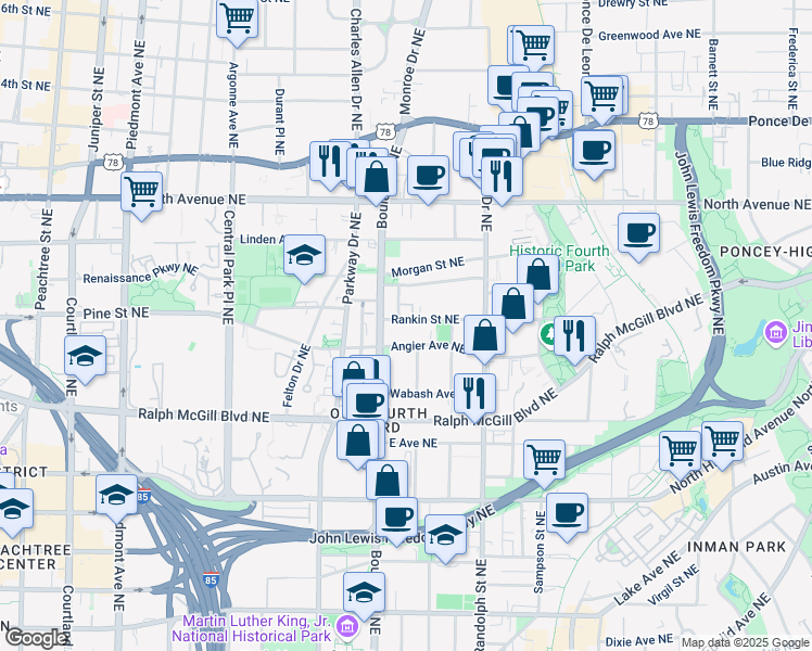 map of restaurants, bars, coffee shops, grocery stores, and more near 497 Rankin Street Northeast in Atlanta