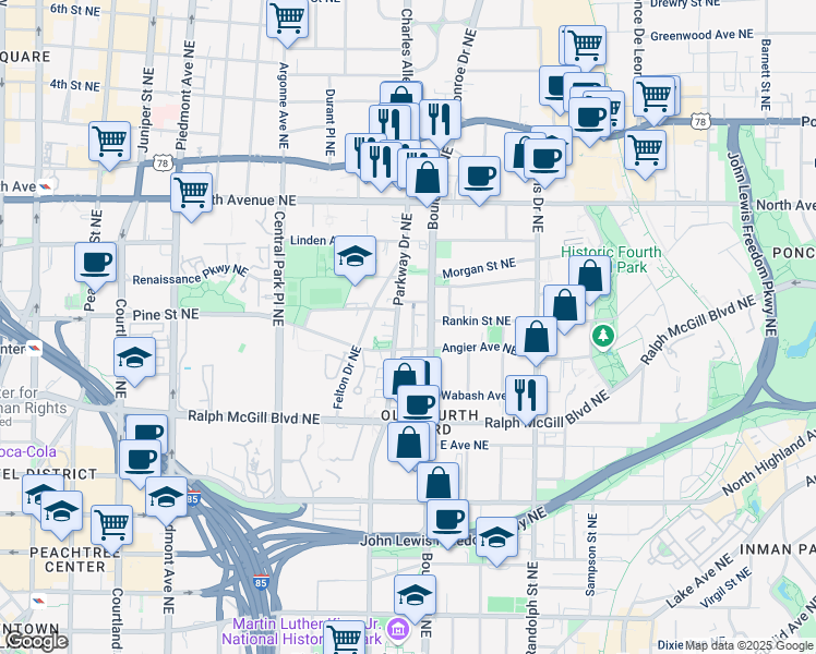 map of restaurants, bars, coffee shops, grocery stores, and more near 466 Latta Street Northeast in Atlanta
