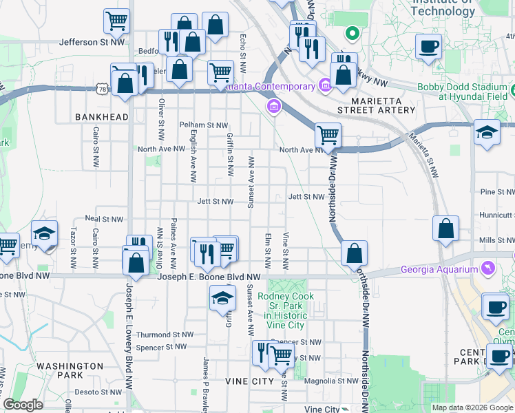 map of restaurants, bars, coffee shops, grocery stores, and more near 674 Jett Street Northwest in Atlanta