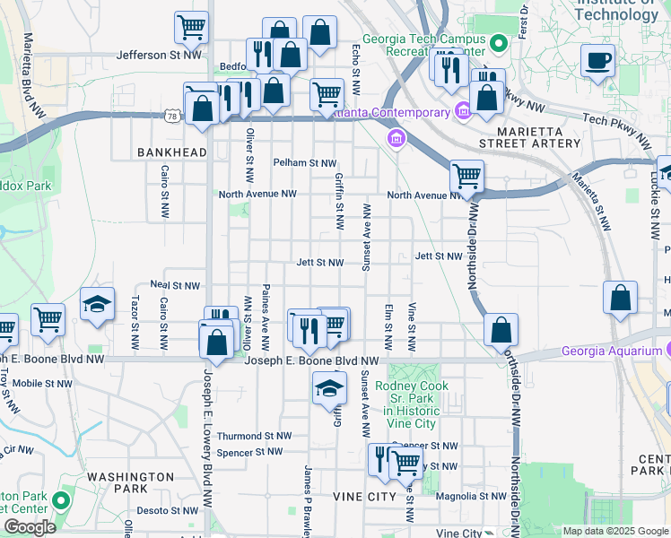 map of restaurants, bars, coffee shops, grocery stores, and more near 456 Griffin Street Northwest in Atlanta